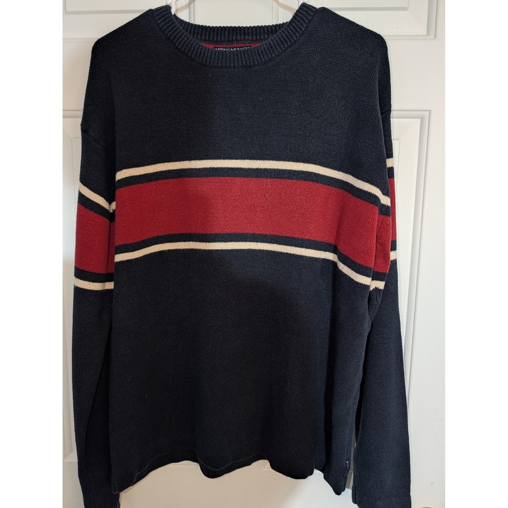 Vintage American Eagle Men's L Navy Red Stripe Sweater Grandpacore Preppy